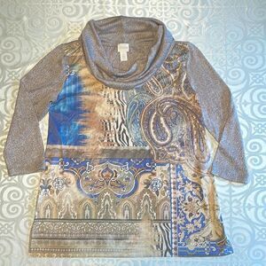Chico’s soft tan & blue print front long sleeve cowl neck sweater tunic S